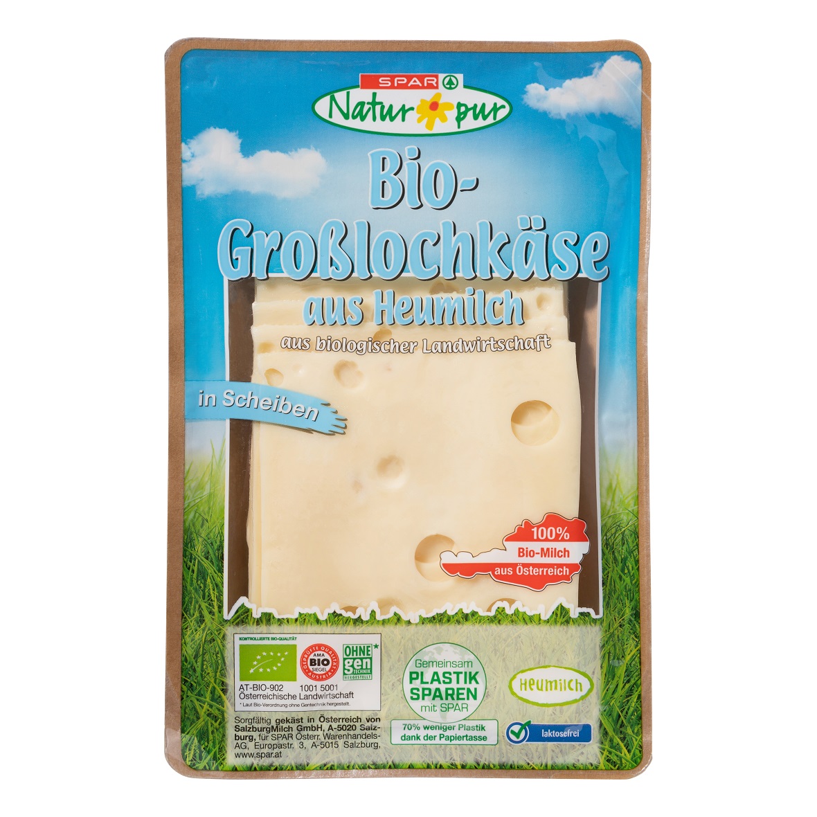 SPAR Natur*pur und SalzburgMilch BioKäse in plastiksparender Verpackung familiii