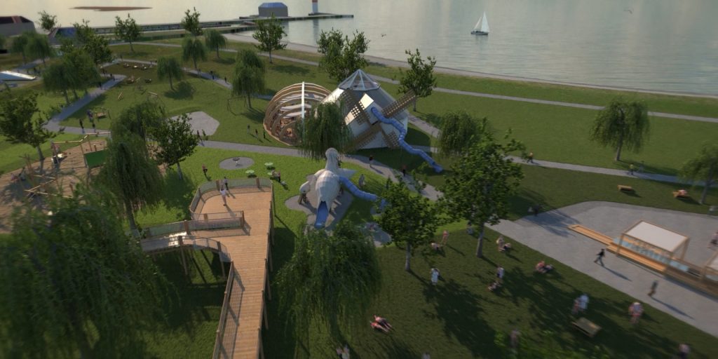 Überblick über die neue soeben im Bau befindliche Familien-Erlebniswelt am Podersdorfer Strand. Eröffnung im Mai 2021!