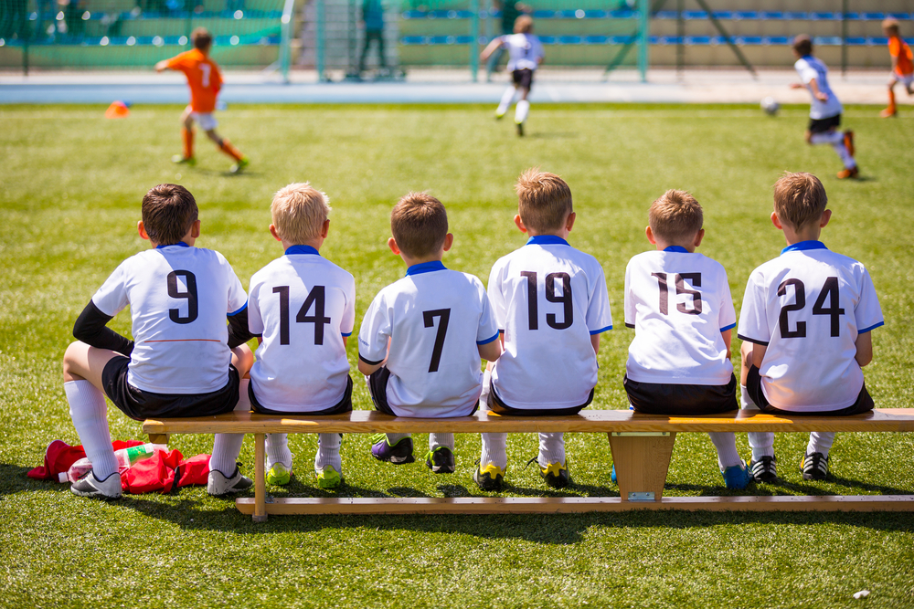 Football,Soccer,Match,For,Children.,Kids,Waiting,On,A,Bench.