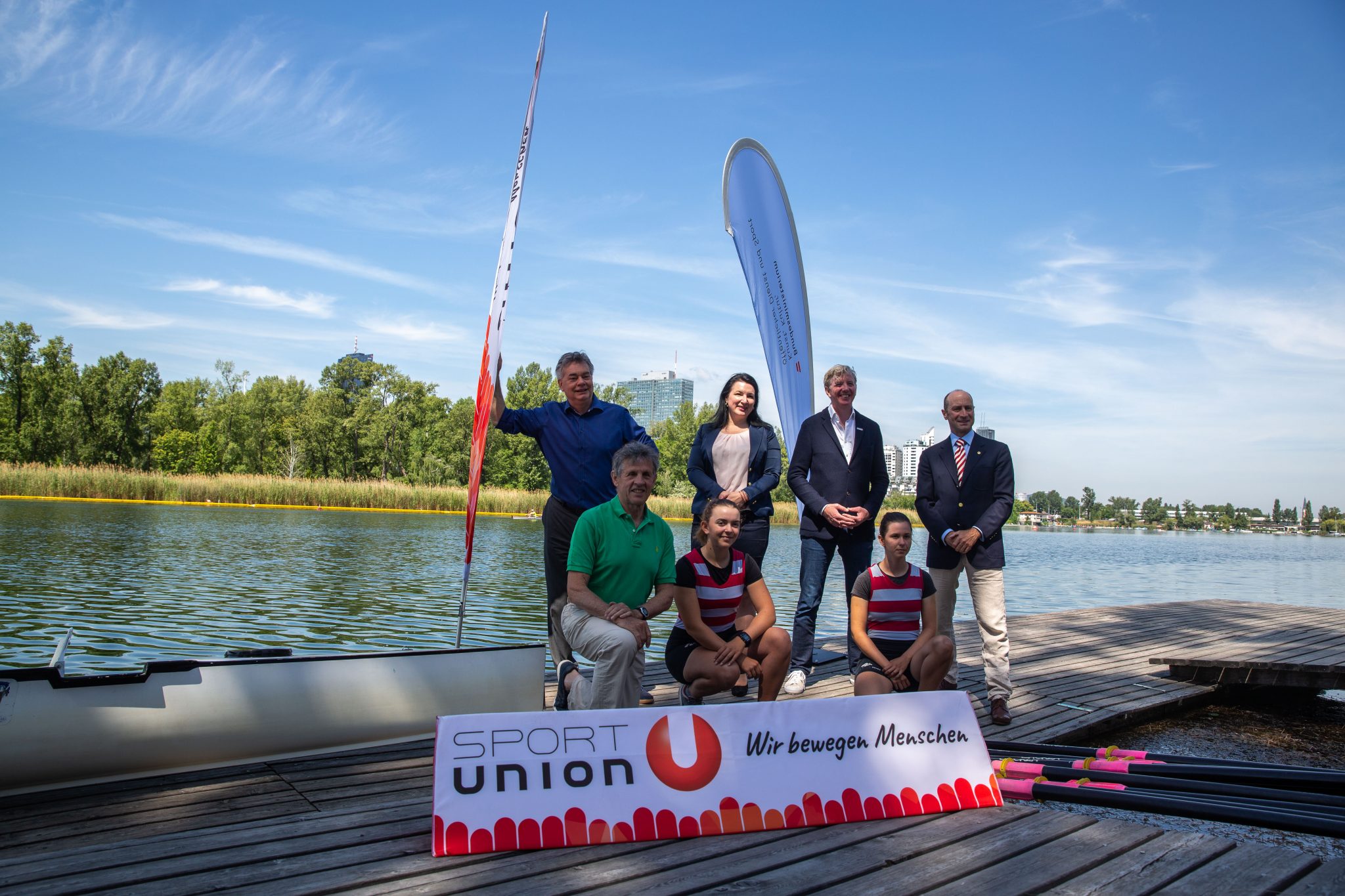 VIENNA,AUSTRIA,15.JUN.21 - VARIOUS SPORTS - Sportunion, press conference. Image shows first row: Raimund Haberl (Ruderclub LIA),Laura Boyer, Paula Horauer second row: minister of sports Werner Kogler, Anna Kleissner (SportsEconAustria), president Peter McDonald (SPORTUNION), and president Matthias Schreiner (Ruderverein LIA) . Photo: GEPA pictures/ Michael Meindl