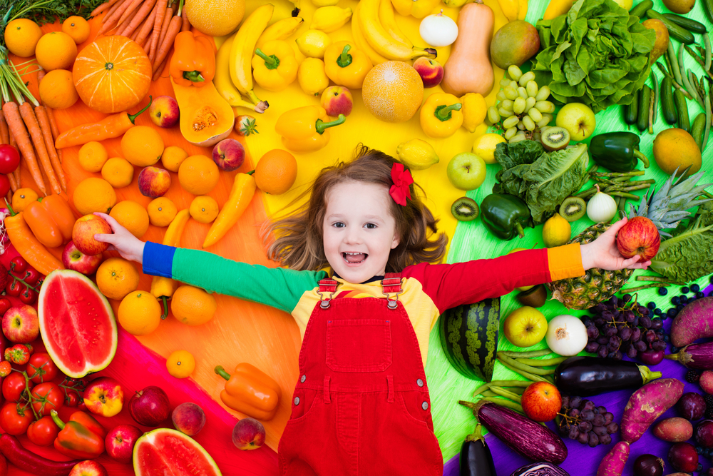 Little,Girl,With,Variety,Of,Fruit,And,Vegetable.,Colorful,Rainbow