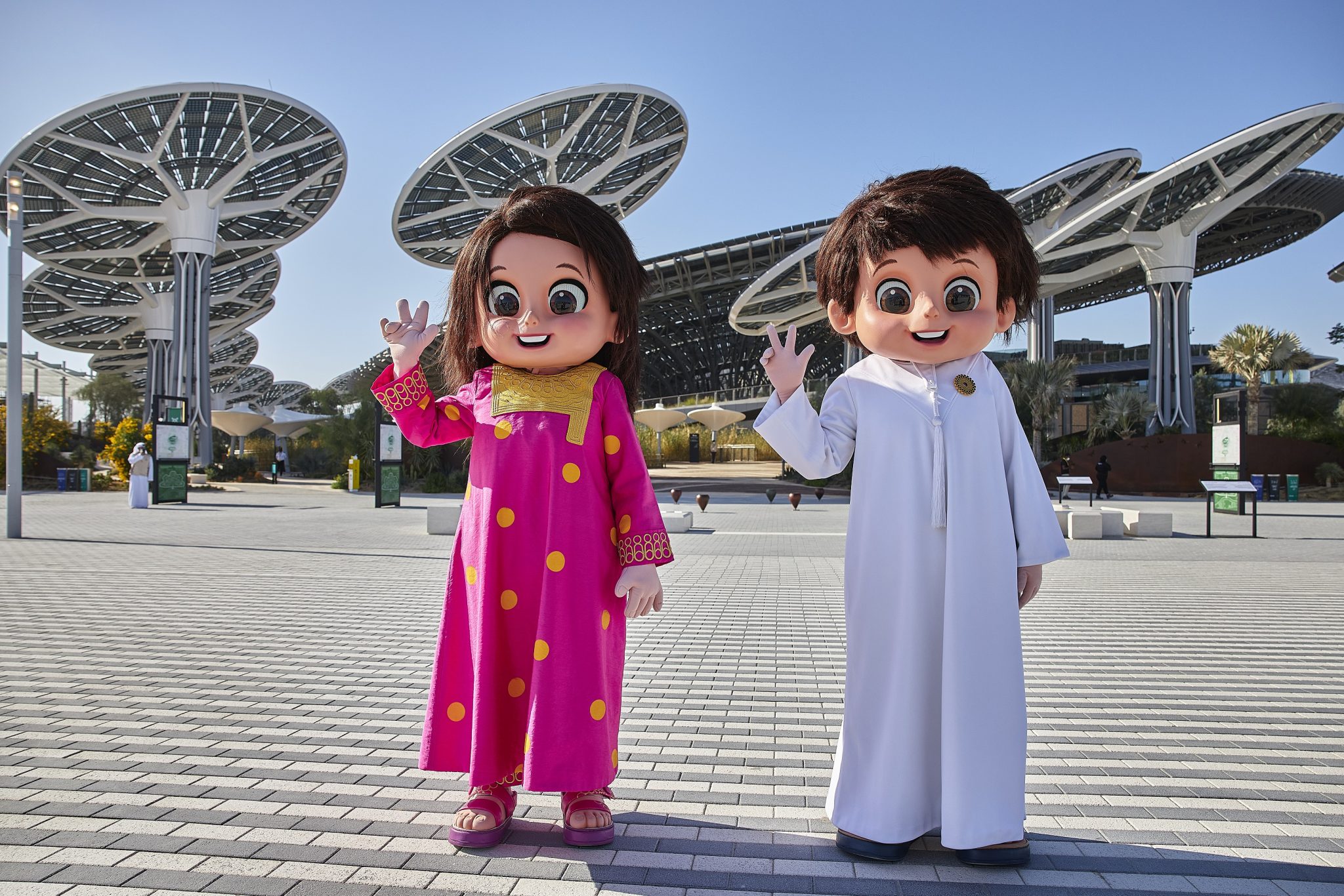 DUBAI, 20 January 2021. Expo Mascots Rashid and Latifa at Terra - The Sustainability Pavilion, Expo 2020 Dubai. (Photo by Dany Eid/Expo 2020 Dubai)