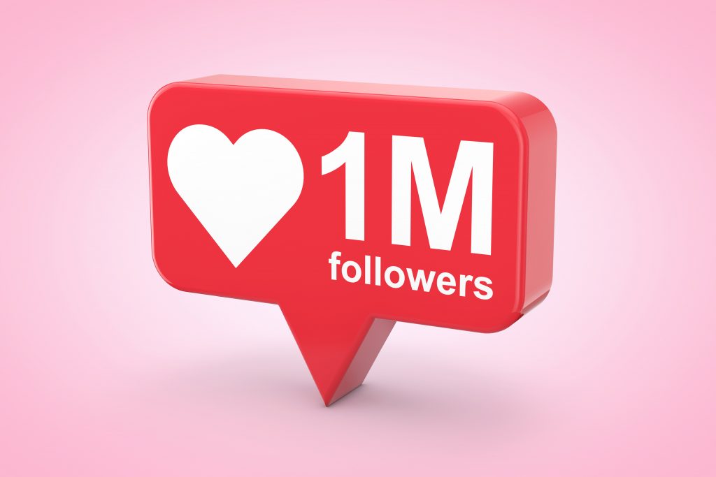 Social Media Network Love and Like Heart Icon with One Million Followers Sign on a pink background. 3d Rendering
