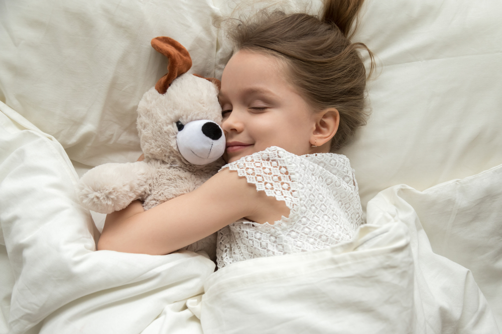 Cute,Little,Kid,Girl,Hugging,Teddy,Bear,Sleeping,Lay,In