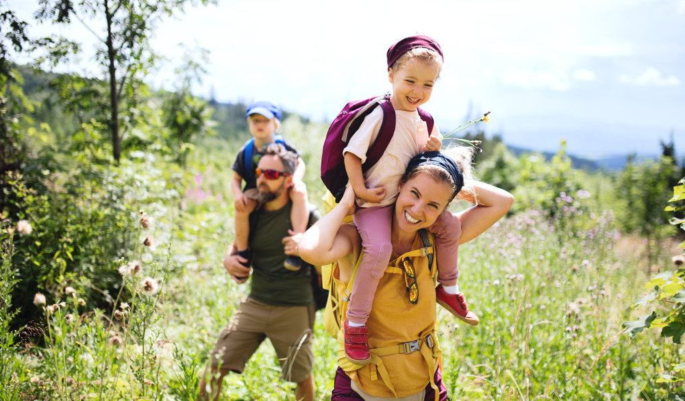 Family,With,Small,Children,Hiking,Outdoors,In,Summer,Nature.