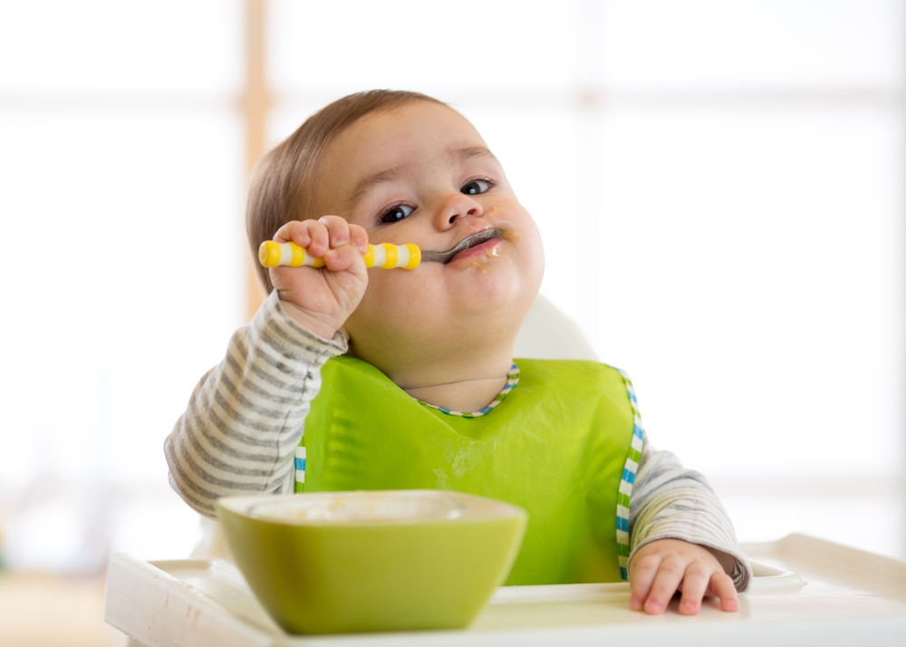 Happy,Infant,Baby,Boy,Spoon,Eats,Itself