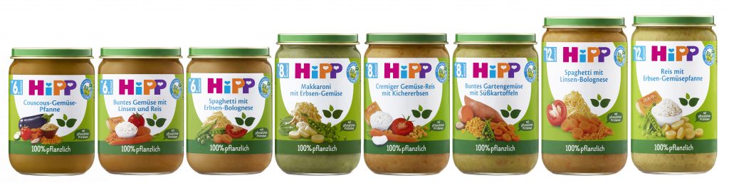 Die neuen „HiPP 100 % pflanzlich“ Menüs basieren auf rein pflanzlichen Proteinquellen von Bio-Erbsen, Bio-Kichererbsen und Bio-Linsen.