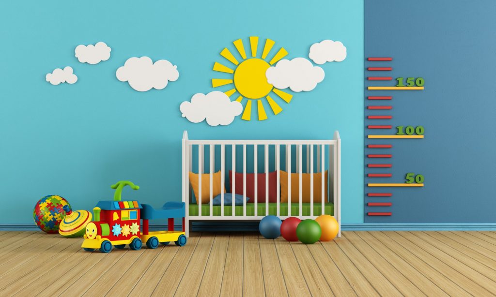 Child room with baby crib and toys - rendering