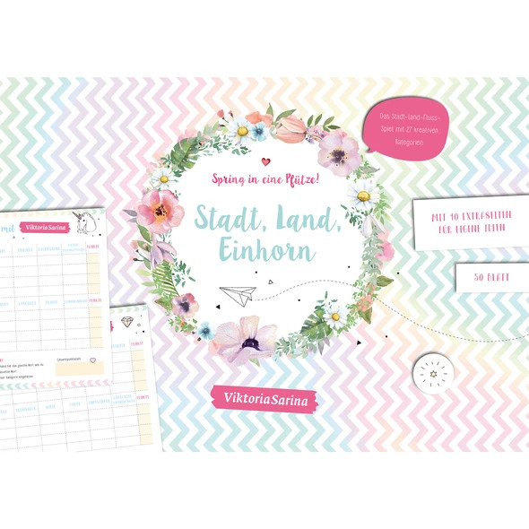 Neues von ViktoriaSarina: „Spring in eine Pfütze! Stadt, Land, Einhorn“-Spielblock